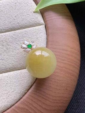 Cerified Yellow Jade Lucky Charm Bead  Pendant with Green Accent ,18K Gold Bail